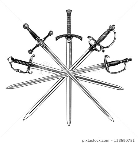 Collection of original medieval and victorian 19 century swords, blades and saber. Hand drawn Collection of original medieval and victorian 19 century swords, blades and saber. Hand drawn 138690781