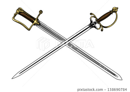 Crossed blades as pirate symbol. Swords in traditional ink hand drawn style. 138690784