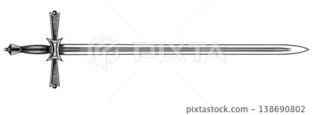 Original medieval or victorian 19 century sword and blade. Hand drawn engraving in traditional 138690802