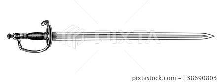 Original medieval or victorian 19 century sword and blade. Hand drawn engraving in traditional 138690803
