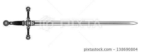 Original medieval or victorian 19 century sword and blade. Hand drawn engraving in traditional 138690804