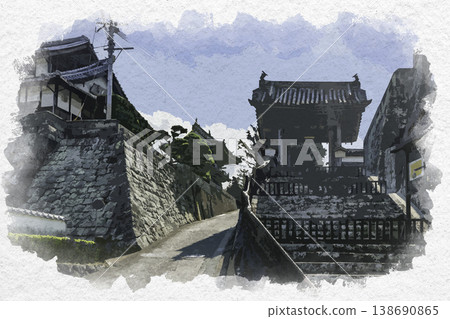 Watercolor-style painting of the main gate of Tofuku-ji Temple in Usuki, Oita Prefecture. 138690865