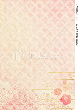 Pink Japanese patterned washi paper New Year's card with vertical washi paper background featuring a Shippo-tsunagi (seven treasures) pattern. Pink Japanese patterned washi paper New Year's card with vertical washi paper background featuring a Shippo-tsunagi (seven treasures) pattern. 138690873