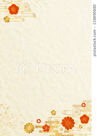 High-quality Japanese pattern with plum blossom design on washi paper background. New Year's card for 2026. Vertical orientation. High-quality Japanese pattern with plum blossom design on washi paper background. New Year's card for 2026. Vertical orientation. 138690880