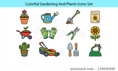 Colorful gardening and plants icons set with various tools and flowers on white background Colorful gardening and plants icons set with various tools and flowers on white background 138690890
