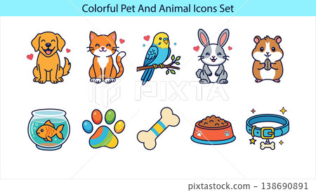 Colorful pet and animal icons set with dog, cat, bird, and other cute pets on white background Colorful pet and animal icons set with dog, cat, bird, and other cute pets on white background 138690891