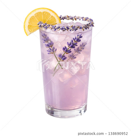 Refreshing iced lavender lemonade cocktail in a tall glass, garnished with a lemon wheel and delicate purple flowers, representing summer drinks and botanical flavors 138690952