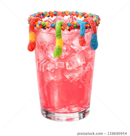 Fun and playful pink drink served in a glass with a colorful candy-coated rim and gummy worms dangling over the edge, representing whimsical party beverages 138690954