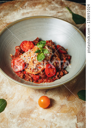 Delicious spaghetti bolognese with rich meat sauce fresh cherry tomatoes and grated parmesan cheese garnished with basil in a ceramic bowl. 138691024