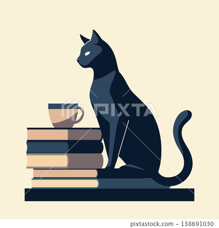Black Cat Sitting on Stack of Books with Coffee Cup. Book lovers Illustration. Black Cat Sitting on Stack of Books with Coffee Cup. Book lovers Illustration. 138691030