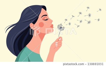 Beautiful young woman with closed eyes and flowing hair blowing dandelion seeds. Illustration. Beautiful young woman with closed eyes and flowing hair blowing dandelion seeds. Illustration. 138691031