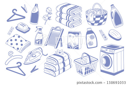 Laundry icons set. Hand drawn laundry and washing household items collection. Blue sketch. 138691033