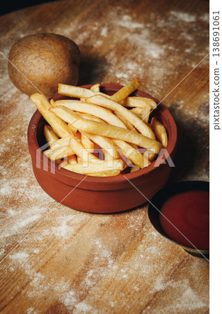 Crispy golden french fries served in a rustic clay bowl with tomato ketchup on a floured wooden table with a whole raw potato. Crispy golden french fries served in a rustic clay bowl with tomato ketchup on a floured wooden table with a whole raw potato. 138691061