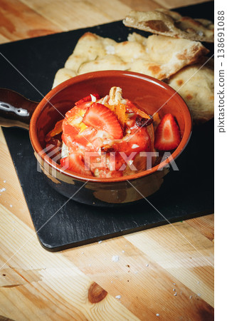 Delicious strawberry cheesecake dessert in a rustic clay pot topped with fresh berry slices and sweet sauce served with flatbread on a wooden table. 138691088