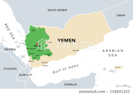 Houthi controlled Yemen, political map. Green highlighted the territory controlled by Houthis as of January 2026, maintaining a de facto governance over portions of northern and western Yemen. Vector 138691205