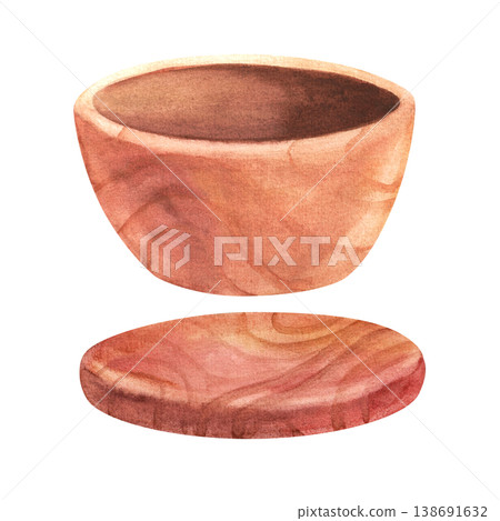 Wooden utensils with a stand, isolated watercolor illustration. Hand drawn illustration of kitchen utensils with a wooden texture for salad preparation for menu design, cafes, and cookbooks. 138691632