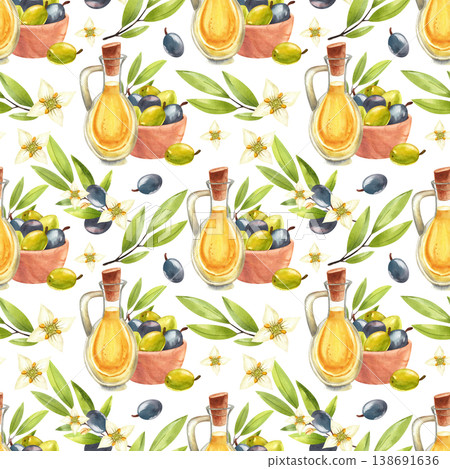 Olive oil in a glass jug with a wooden bowl of fruits watercolor seamless pattern. Hand drawn illustration of Mediterranean food and plants for festival design, print, and fabric. 138691636