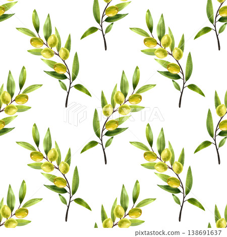 Green olive tree branches watercolor seamless pattern. Hand drawn illustration of Mediterranean food, plants with ripe fruits for festival design, cards, and fabric. Green olive tree branches watercolor seamless pattern. Hand drawn illustration of Mediterranean food, plants with ripe fruits for festival design, cards, and fabric. 138691637