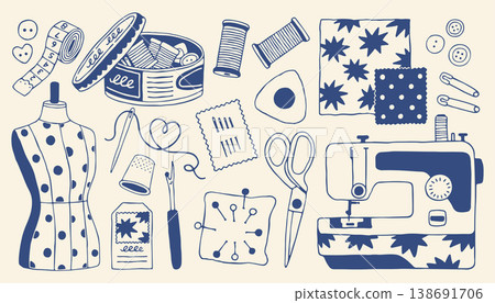 Hand drawn vector sewing kit set in Mediterranean blue. Features sewing machine, mannequin, scissors, and tools. Vintage craft icons for tailor shop, DIY atelier, and needlework hobby design Hand drawn vector sewing kit set in Mediterranean blue. Features sewing machine, mannequin, scissors, and tools. Vintage craft icons for tailor shop, DIY atelier, and needlework hobby design 138691706
