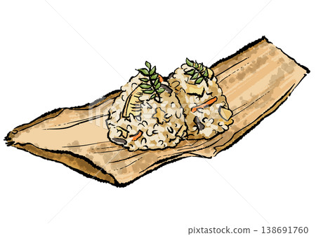 竹筍飯糰，竹葉包裹；手繪筆觸插圖。 138691760