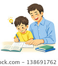 一幅父親輔導孩子做作業的插圖。 （育兒，家庭時光） 138691762