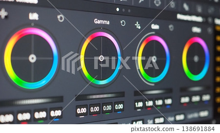 Color grading control panel. Close up of professional video color grading tools on a monitor. RGB waveform scopes hue controls color wheels adjustments. Editing post production and filmmaking concepts 138691884