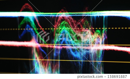 Color grading control panel. Close up of professional video color grading tools on a monitor. RGB waveform scopes hue controls color wheels adjustments. Editing post production and filmmaking concepts 138691887
