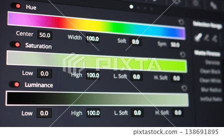 Color grading control panel. Close up of professional video color grading tools on a monitor. RGB waveform scopes hue controls color wheels adjustments. Editing post production and filmmaking concepts 138691895