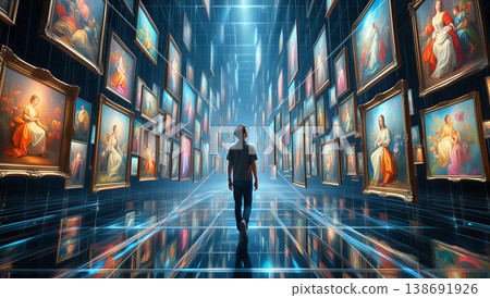 Person Exploring a Futuristic Digital Art Gallery. 138691926