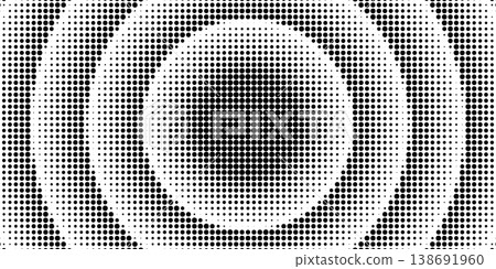 Halftone circle pattern with concentric rings radiating from center dot. Abstract radial gradient background with geometric round shapes for modern tech design. Halftone circle pattern with concentric rings radiating from center dot. Abstract radial gradient background with geometric round shapes for modern tech design. 138691960