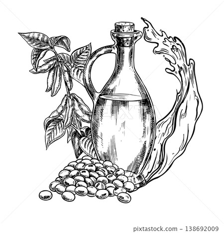 Soybean oil. A glass bottle, a handful of soybeans, and a stem with leaves and pods. Black and white vector graphics. For menus, recipes, and cookbooks. For banners, packaging, labels, and more. Soybean oil. A glass bottle, a handful of soybeans, and a stem with leaves and pods. Black and white vector graphics. For menus, recipes, and cookbooks. For banners, packaging, labels, and more. 138692009