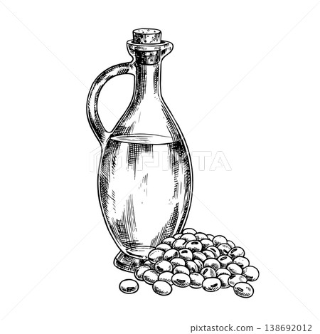 Soybean oil. Glass bottle and a handful of soybeans. Black and white vector graphics. For menus, recipes, and cookbooks. For banners, packaging, labels, and more. Soybean oil. Glass bottle and a handful of soybeans. Black and white vector graphics. For menus, recipes, and cookbooks. For banners, packaging, labels, and more. 138692012