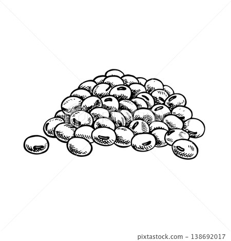 A pile of soybeans. Black and white vector graphic illustration. Isolate. Perfect for creating product labels, posters, banners, menus, and more. 138692017