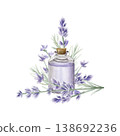 Lavender essential oil bottle with flowers watercolor illustration. Organic cosmetic glass jar with lavender sprigs for aromatherapy, spa design and wellness branding. Isolated on white background. Lavender essential oil bottle with flowers watercolor illustration. Organic cosmetic glass jar with lavender sprigs for aromatherapy, spa design and wellness branding. Isolated on white background. 138692236