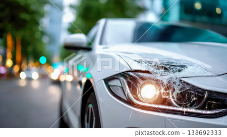 Close-up of a damaged white car with cracked headlight on a city street, auto accident and insurance claim concept 138692333