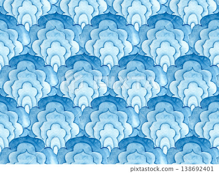 Watercolor seamless pattern of blue scale ornaments Watercolor seamless pattern of blue scale ornaments 138692401