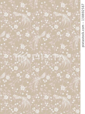 Collection of elegant vintage watercolor floral and bird seamless patterns with soft muted tones 138692587