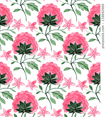 Watercolor seamless pattern of floral ornaments in an oriental style. pink flowers Watercolor seamless pattern of floral ornaments in an oriental style. pink flowers 138692668