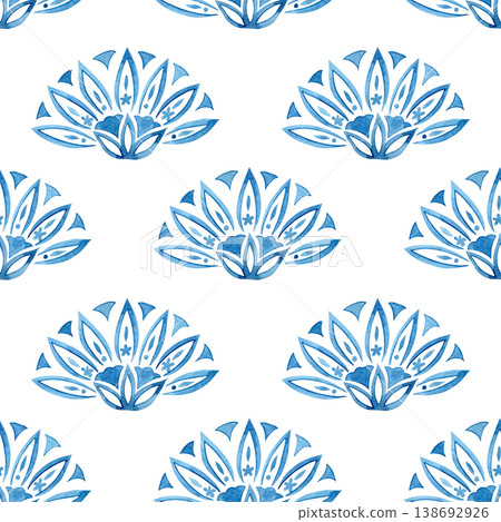 Watercolor seamless pattern of blue floral ornaments. tile Watercolor seamless pattern of blue floral ornaments. tile 138692926