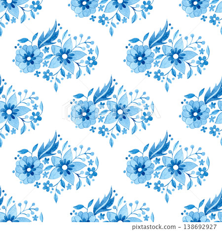 Watercolor seamless pattern of blue floral ornaments. tile Watercolor seamless pattern of blue floral ornaments. tile 138692927