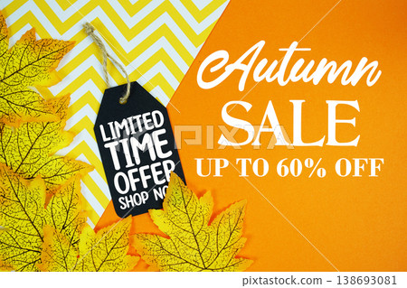 Autumn Sale 60% Off and Limited Time offer with Price Tag on orange background Autumn Sale 60% Off and Limited Time offer with Price Tag on orange background 138693081