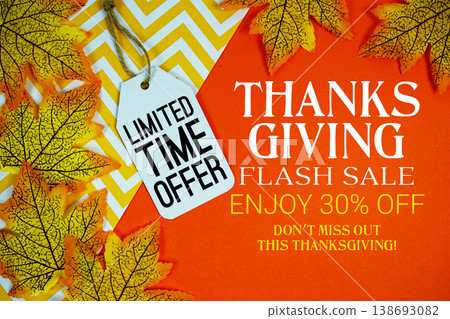 Thanksgiving Sale 30% Off and Limited Time offer with Price Tag on orange background Thanksgiving Sale 30% Off and Limited Time offer with Price Tag on orange background 138693082