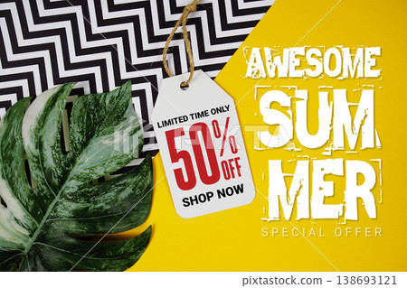 Awesome Summer Deals 50% with Price tag and summer decorations on yellow background 138693121