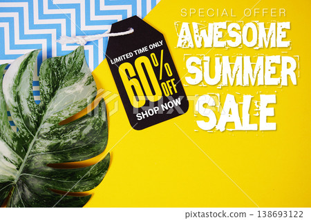 Awesome Summer Deals 60% with Price tag and summer decorations on yellow background 138693122