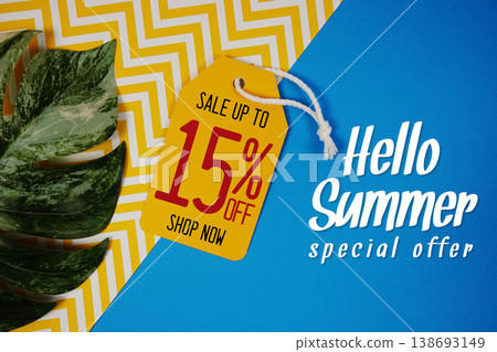 Hello Summer Sale 15% with Price tag and summer decorations on blue background Hello Summer Sale 15% with Price tag and summer decorations on blue background 138693149