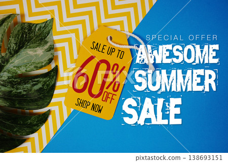 Hello Summer Sale 60% with Price tag and summer decorations on blue background Hello Summer Sale 60% with Price tag and summer decorations on blue background 138693151