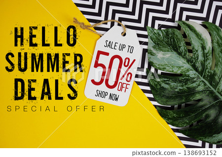 Hello Summer Sale 50% with Price tag and summer decorations on yellow background Hello Summer Sale 50% with Price tag and summer decorations on yellow background 138693152