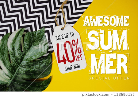 Hello Summer Sale 40% with Price tag and summer decorations on yellow background Hello Summer Sale 40% with Price tag and summer decorations on yellow background 138693155