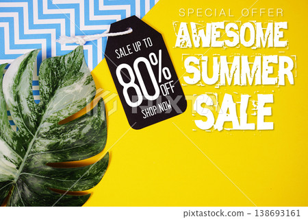 Hello Summer Sale 80% with Price tag and summer decorations on yellow background Hello Summer Sale 80% with Price tag and summer decorations on yellow background 138693161