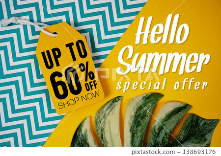 Hello Summer Sale 60% with Price tag and summer decorations on yellow background Hello Summer Sale 60% with Price tag and summer decorations on yellow background 138693176